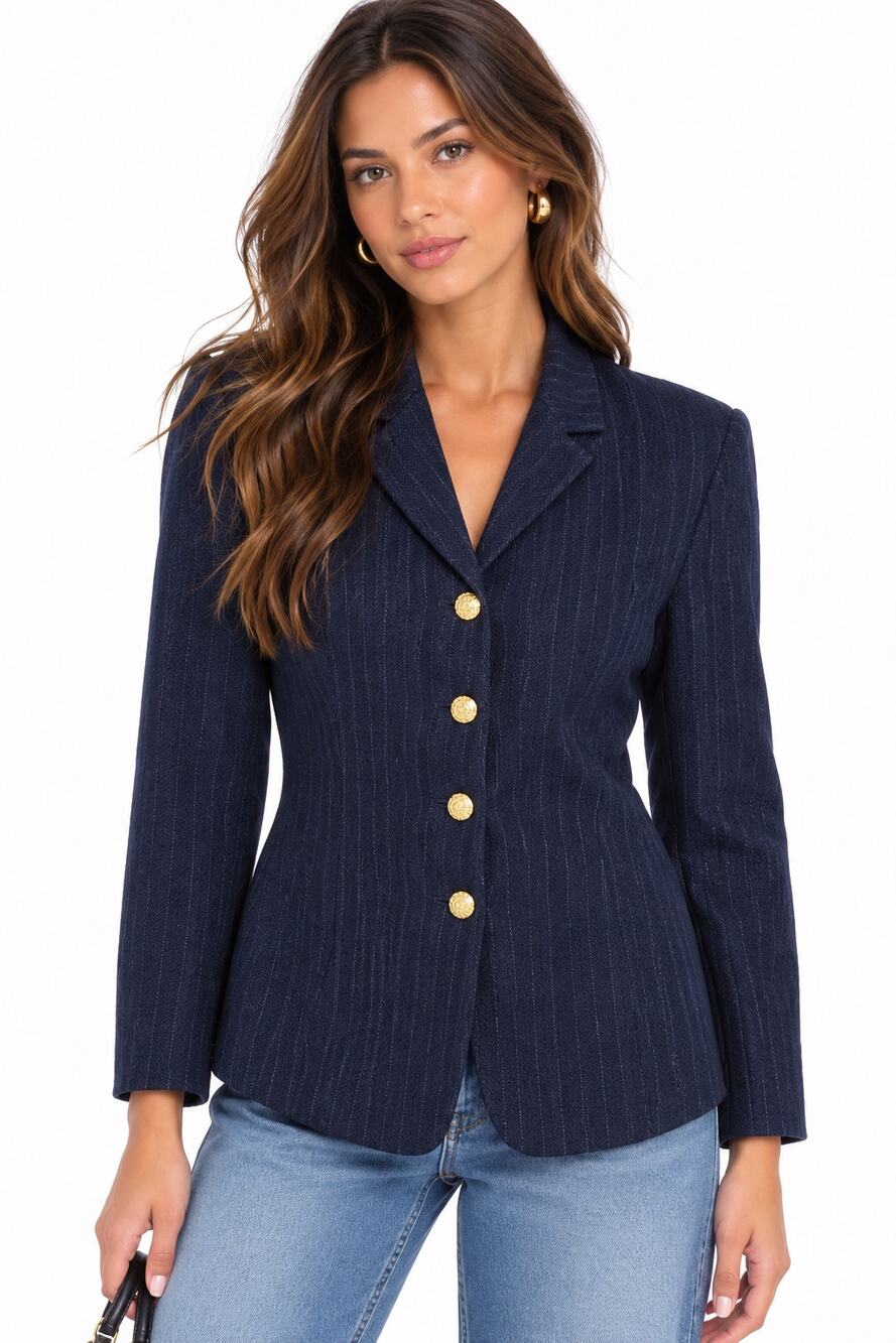 Liz Claiborne Vintage Navy Pinstripe Gold Button Blazer EUC Size 6
